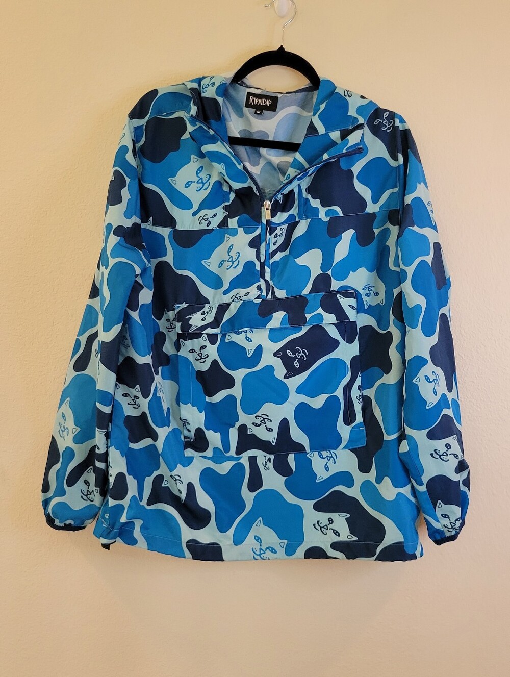 RIPNDIP Pullover Hooded Anorak Windbreaker Lord Nermal Cat Blue Camo Medium.